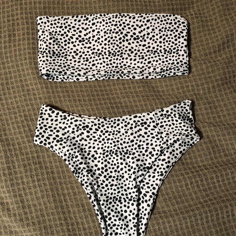 Black and white polka dot bandeau bikini